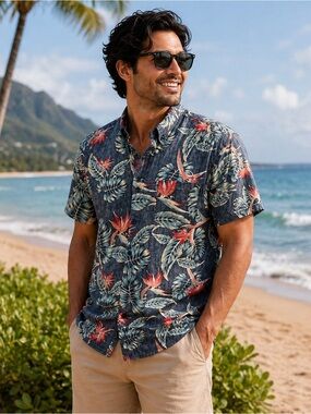 Molokai Surf Co Hawaiian Floral Buttonup Shirt XL Blue Aloha Short Sleeve Cotton